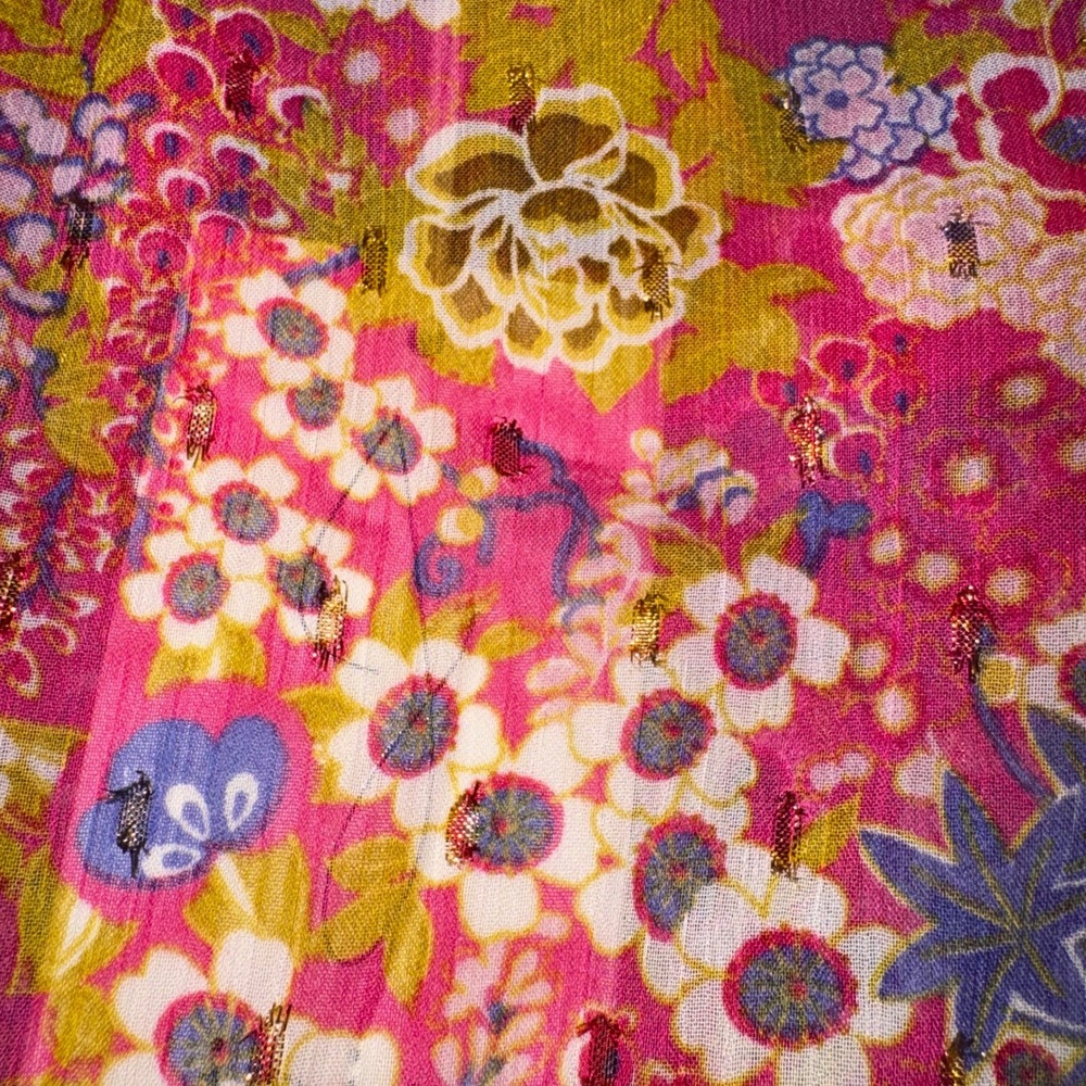 Joie Pink Floral Smocked Waist Blouse Metallic Gold Accents XS 1259453 - Picture 7 of 11